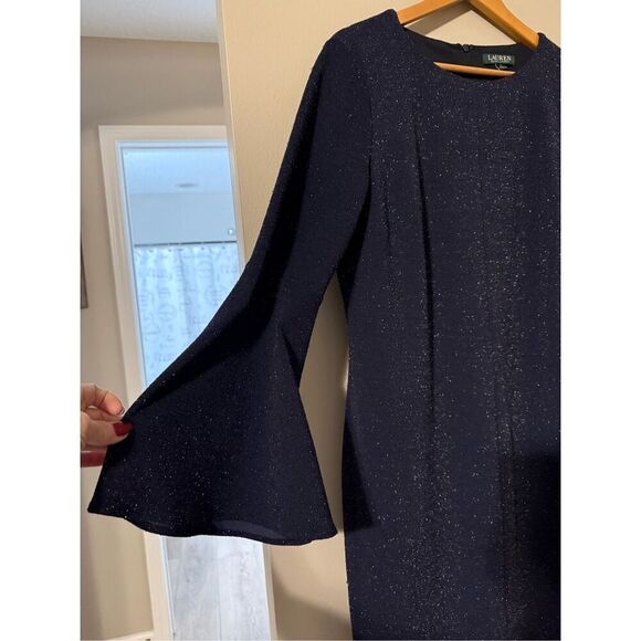 Ralph Lauren Women's Size 14 Bell Sleeve Knee Length Dress Navy Blue Sparkle NWT - Picture 6 of 11